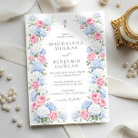 Blue Hydrangea and Pink Rose Floral Garden Wedding Invitation<br><div class="desc">Celebrate your special day with the timeless elegance of this watercolor regency garden design. Featuring a lush border of soft pink roses, delicate blue and white hydrangea blooms, this design is perfect for a spring or summer garden wedding. The romantic botanical border frames your custom details in a clean, sophisticated...</div>