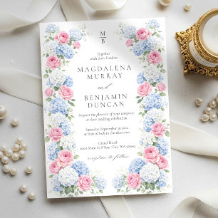 Blue Hydrangea and Pink Rose Floral Garden Wedding Invitation