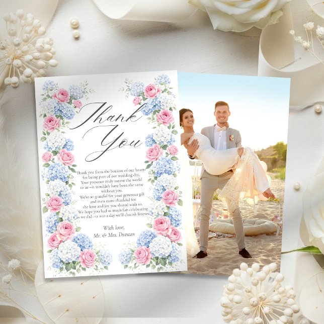 Blue Hydrangea and Pink Rose Floral Garden Wedding Thank You Card (Creator Uploaded)