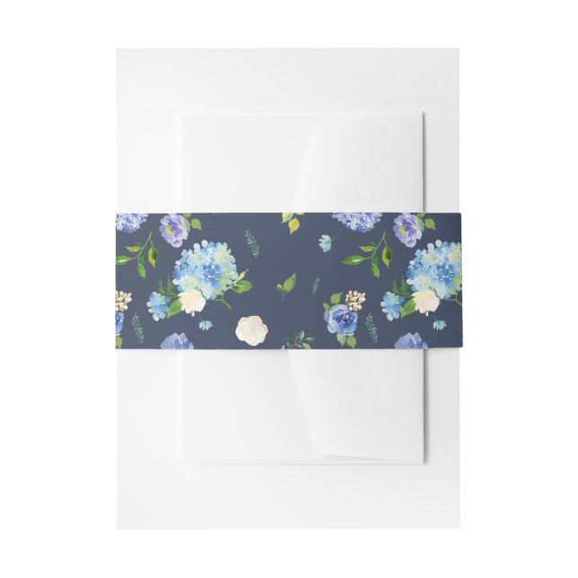 Blue Hydrangea and Purple Rose Pattern Wedding Invitation Belly Band (Front Example)