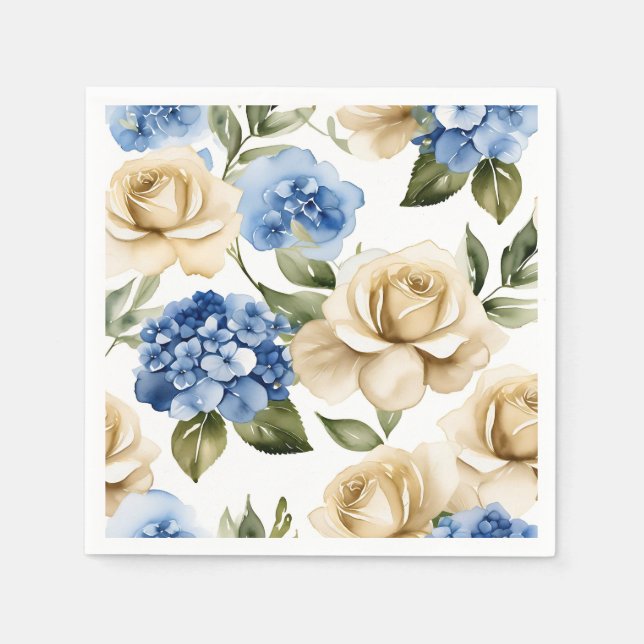 Blue Hydrangea And Roses Napkins (Front)