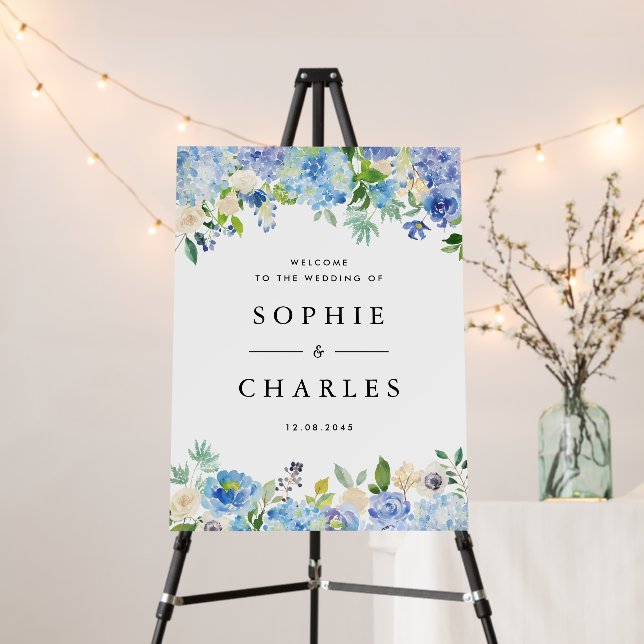 Blue Hydrangea and White Anemone Wedding Welcome Foam Board (In Situ (Stand))