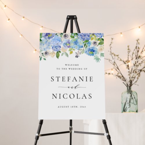 Blue Hydrangea and White Anemone Wedding Welcome Foam Board