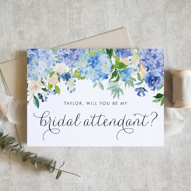 Blue Hydrangea and White Rose Bridal Attendant Invitation (Elegant blue hydrangea and white rose card to ask someone to be your bridal attendant.)