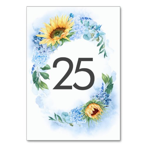 Blue Hydrangea and Yellow Sunflower Elegant Fall Table Number