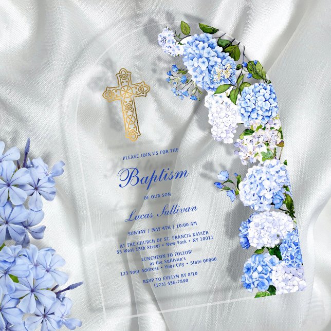 Blue Hydrangea Arch Baptism Acrylic Invitations (Creator Uploaded)