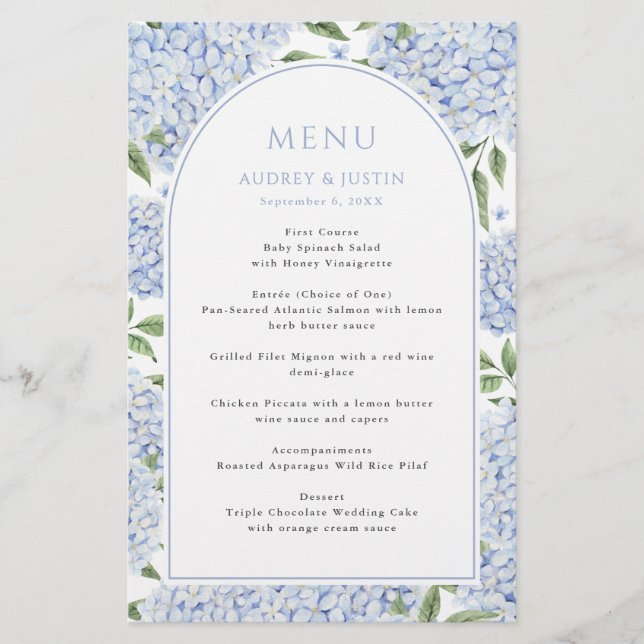 Blue Hydrangea Arch Border Wedding Paper Menu (Front)
