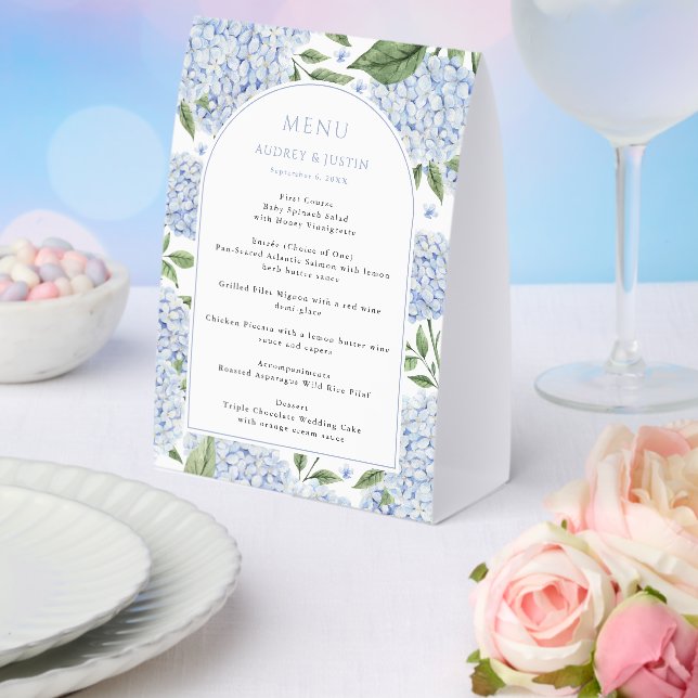 Blue Hydrangea Arch Border Wedding Paper Menu Table Tent (Insitu(Wedding))