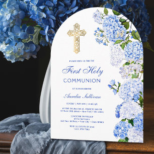 Blue Hydrangea Arch First Communion Invitation