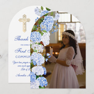 Blue Hydrangea Arch First Communion Thank You Card