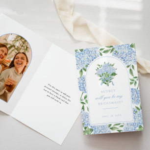 Blue Hydrangea Arch Proposal Card, Photo Inside Letterpress Thank You Card