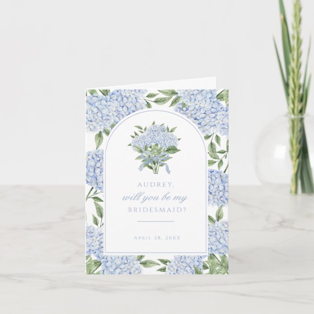 Blue Hydrangea Arch Proposal Photo Card, Small Letterpress Thank You Card (Front)