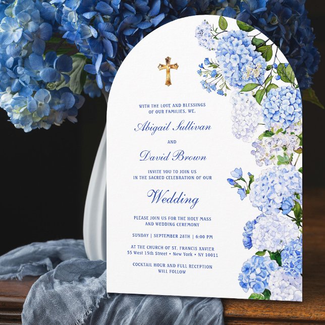Blue Hydrangea Arch Religious Wedding Invitation (Creator Uploaded)