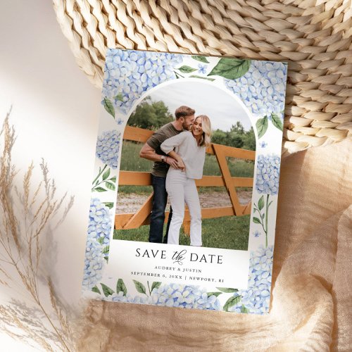 Blue Hydrangea Arched Photo Save the Date Invitation