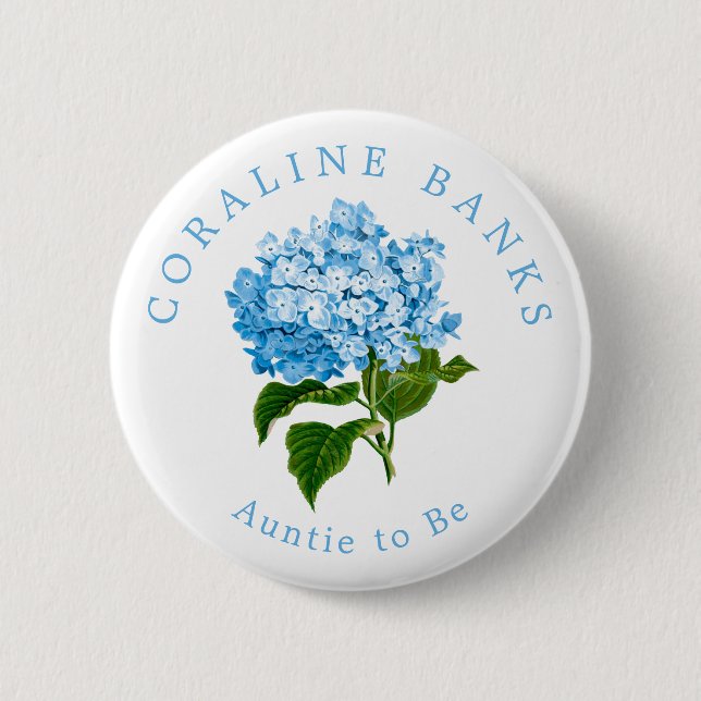 Blue Hydrangea Auntie to Be Baby Shower Button (Front)