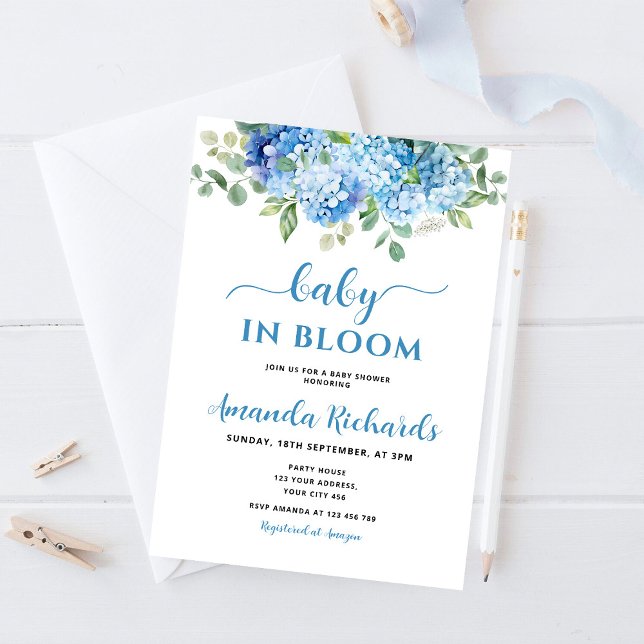 Blue Hydrangea Baby in Bloom Baby Shower Invitation (Creator Uploaded)