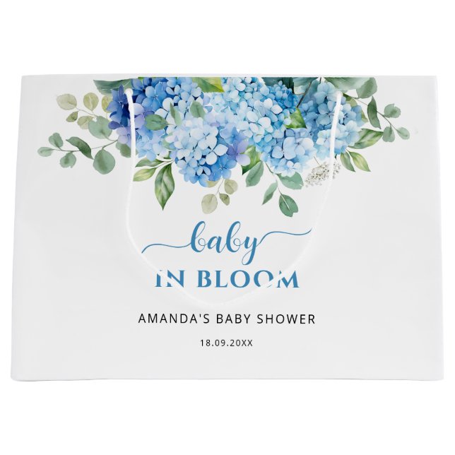 Blue Hydrangea Baby in Bloom Baby Shower Large Gift Bag (Front)