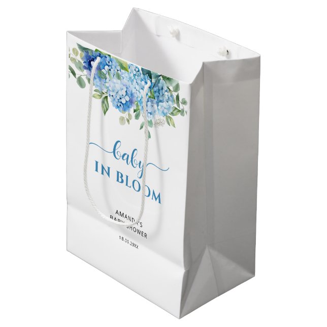 Blue Hydrangea Baby in Bloom Baby Shower Medium Gift Bag (Front Angled)