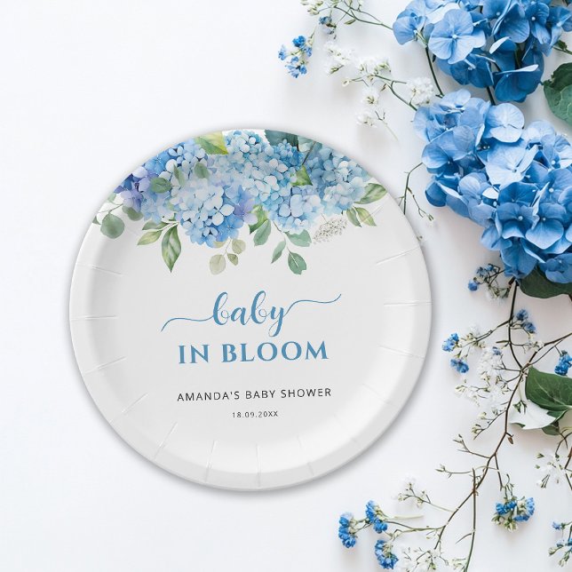 Blue Hydrangea Baby in Bloom Baby Shower Paper Plates (Creator Uploaded)