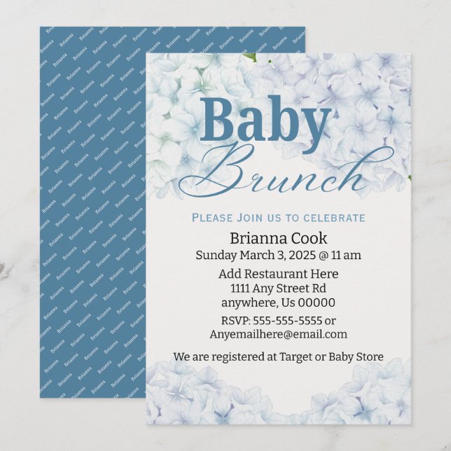 Blue Hydrangea Baby Shower/Baby Brunch Invitations (Front/Back)