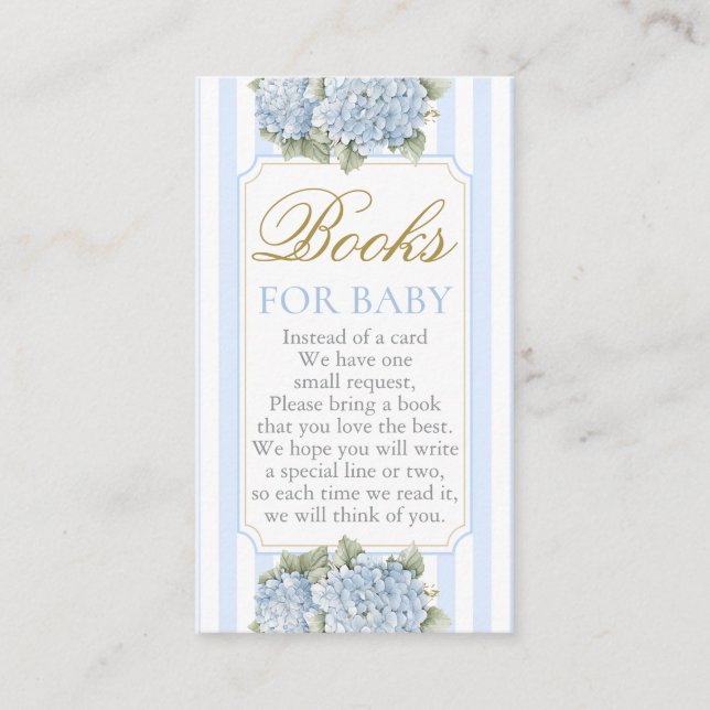Blue Hydrangea Baby Shower Boy Book Enclosure Card (Front)