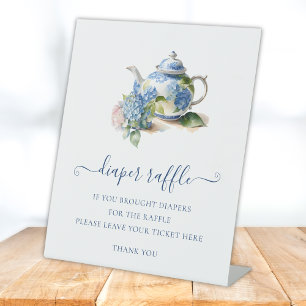  Blue Hydrangea Baby Shower  Diaper Raffle Ticket  Pedestal Sign
