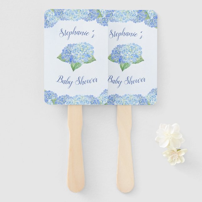 Blue Hydrangea Baby Shower Personalized Hand Fan (Front and Back)