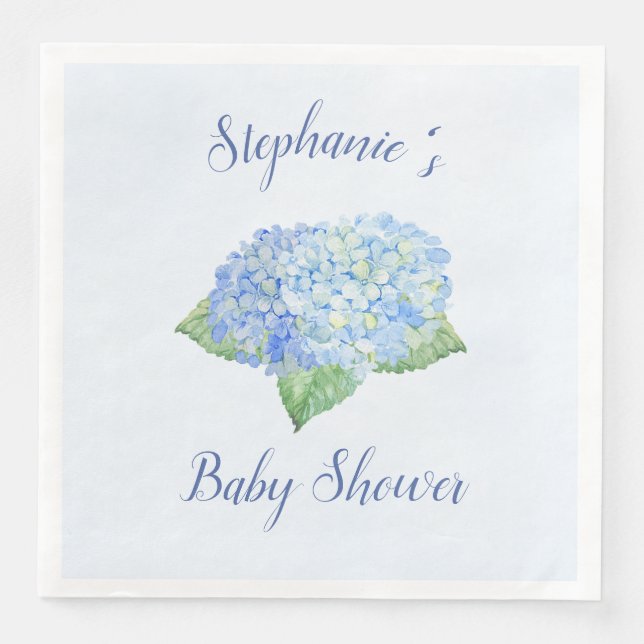 Blue Hydrangea Baby Shower Personalized Paper Dinner Napkins (Front)