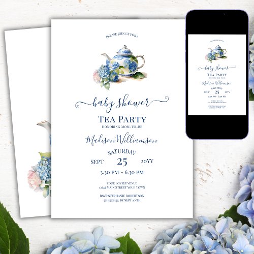 Blue Hydrangea Baby Shower Tea Party  Invitation