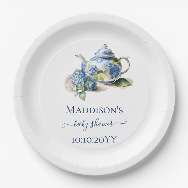  Blue Hydrangea Baby Shower Tea Party Paper Plates (Front)