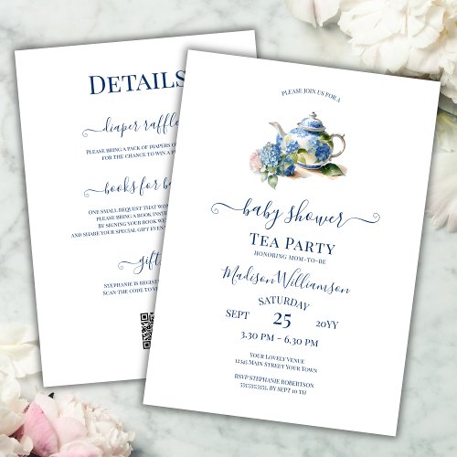 Blue Hydrangea Baby Shower Tea Party QR code  Invitation