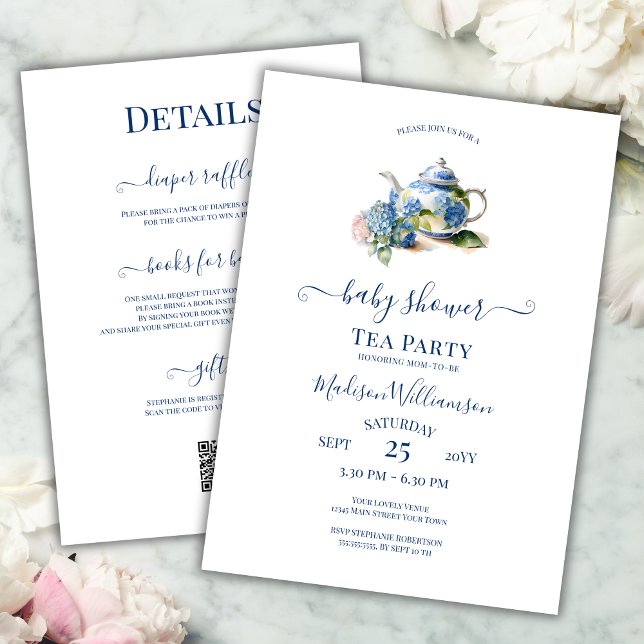 Blue Hydrangea Baby Shower Tea Party QR code  Invitation (Creator Uploaded)