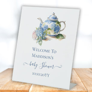 Blue Hydrangea Baby Shower Tea Party Welcome Pedestal Sign