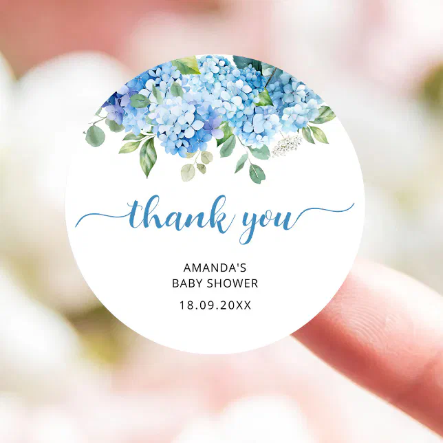 Blue Hydrangea Baby Shower Thank You Classic Round Sticker | Zazzle