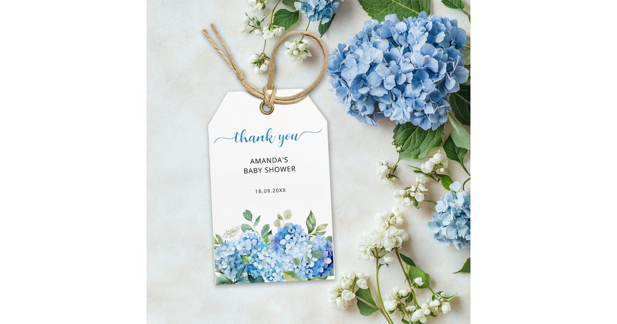 Blue Hydrangea Baby Shower Thank You Gift Tags | Zazzle