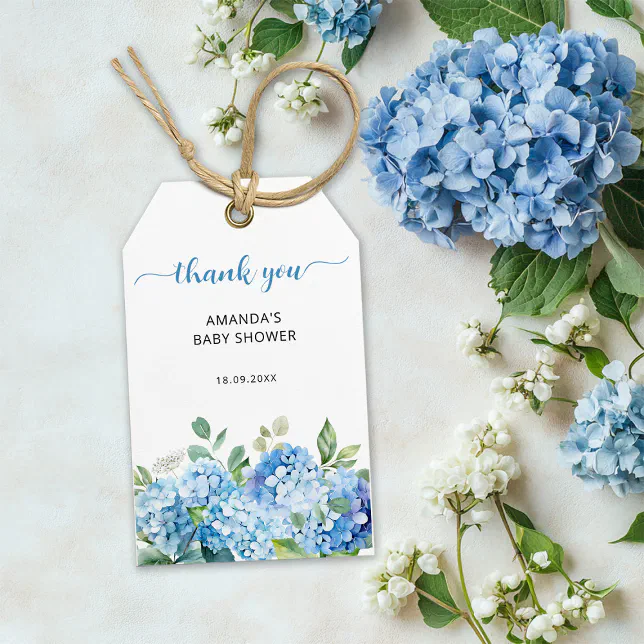 Blue Hydrangea Baby Shower Thank You Gift Tags | Zazzle