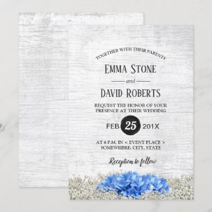 Blue Hydrangea Baby's Breath Rustic Wedding Invitation
