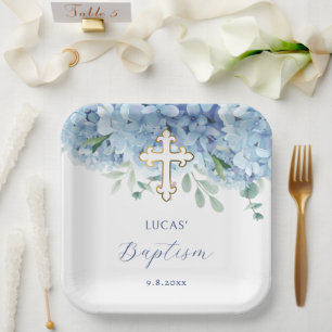 Blue Hydrangea Baptism Paper Plates