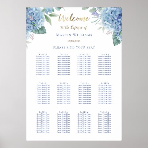 blue hydrangea Baptism seating chart