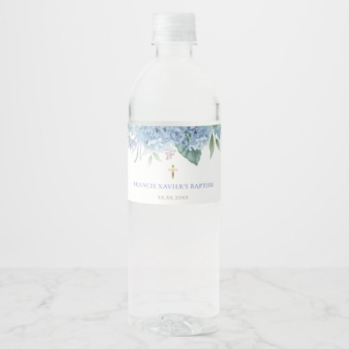 blue hydrangea Baptism Water Bottle Label
