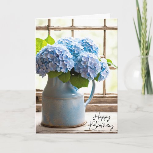 Blue Hydrangea Birthday Bouquet In Window Card