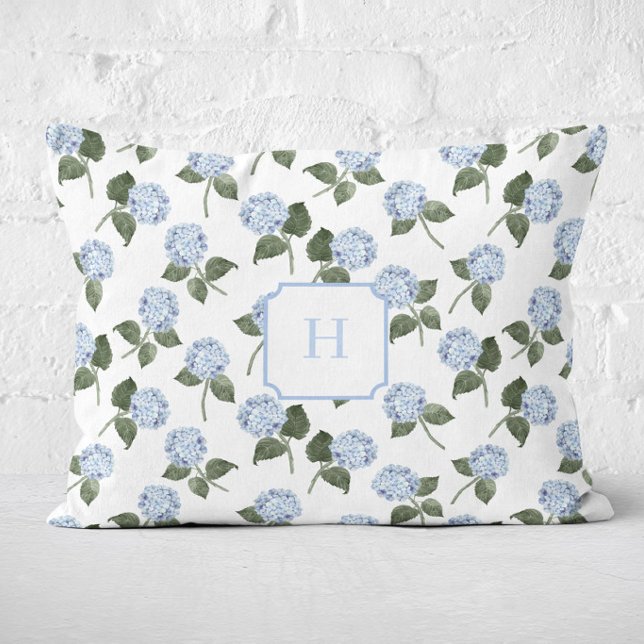 Blue Hydrangea Bloom Monogram   Accent Pillow (Hydrangea Bloom Blue Monogram Lumbar Pillow)