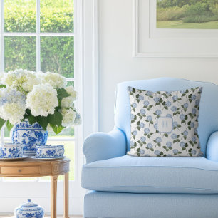 Blue Hydrangea Bloom Monogram Throw Pillow