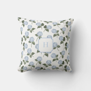 Blue Hydrangea Bloom Monogram Throw Pillow