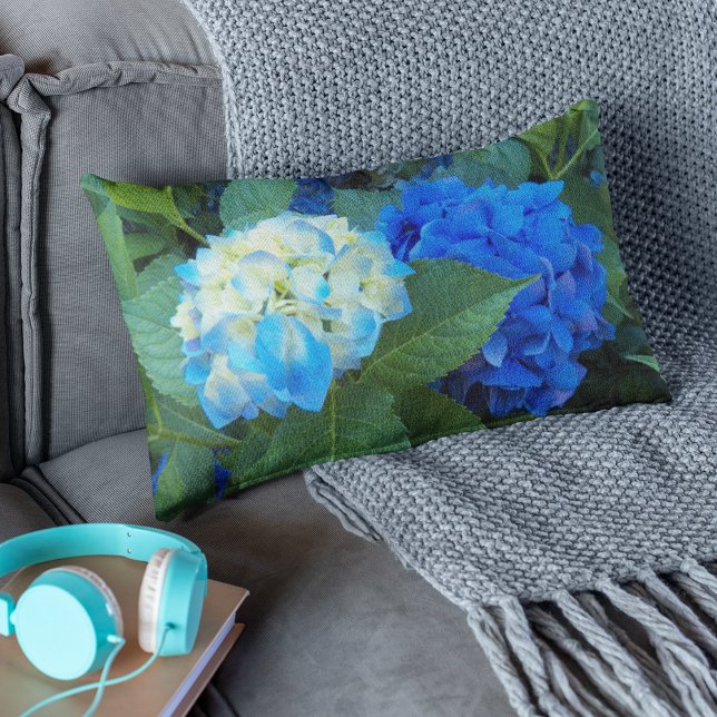 Blue Hydrangea Blooms Floral Lumbar Pillow (In Situ Sofa)