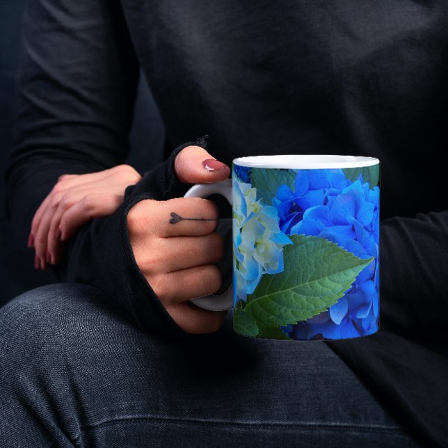 Blue Hydrangea Blooms Floral Mug (In Situ Held)