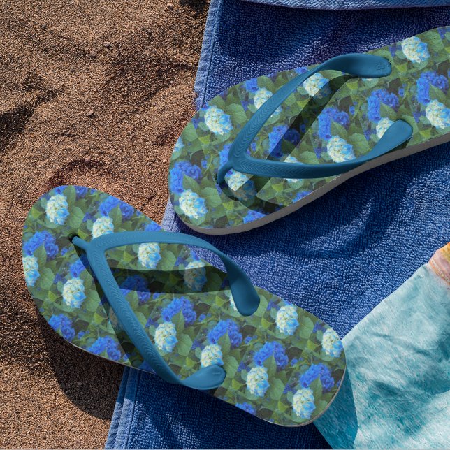 Blue Hydrangea Blooms Floral Pattern Flip Flops (In Situ)
