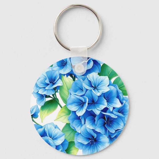 Blue Hydrangea Blooms Floral Pattern Keychain (Front)