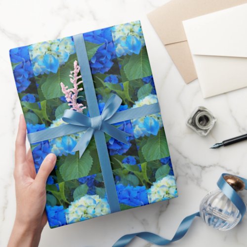 Blue Hydrangea Blooms Floral Pattern Wrapping Paper