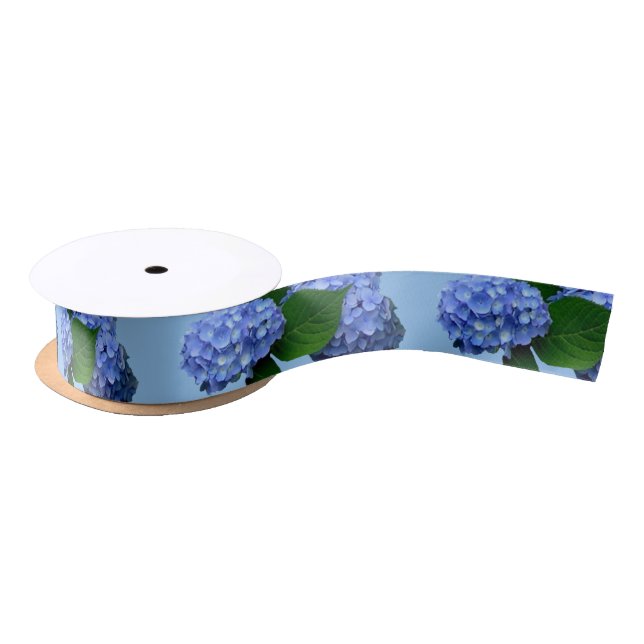 Blue Hydrangea Blooms Greenery Satin Ribbon (Spool)